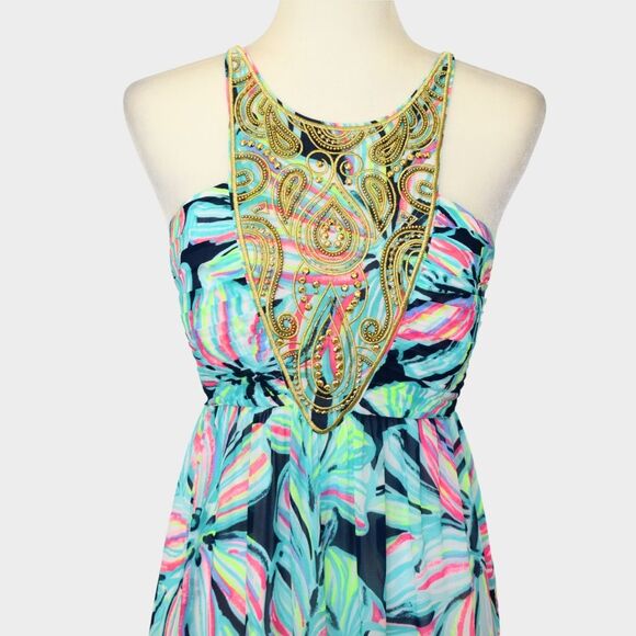 LILLY PULITZER Lannette High Tide Dancing Lady Maxi Halter Dress Size 10 - Picture 5 of 11